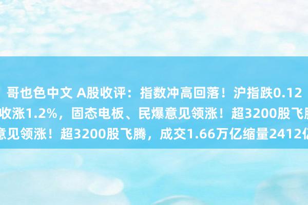 哥也色中文 A股收评：指数冲高回落！沪指跌0.12%创业板指一度涨近3%收涨1.2%，固态电板、民爆意见领涨！超3200股飞腾，成交1.66万亿缩量2412亿